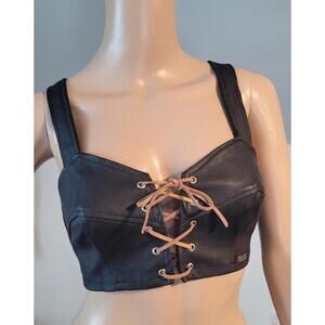 Tobacco Medium Black PVC Bustier Top with Lace Up Front Going Out Party Top